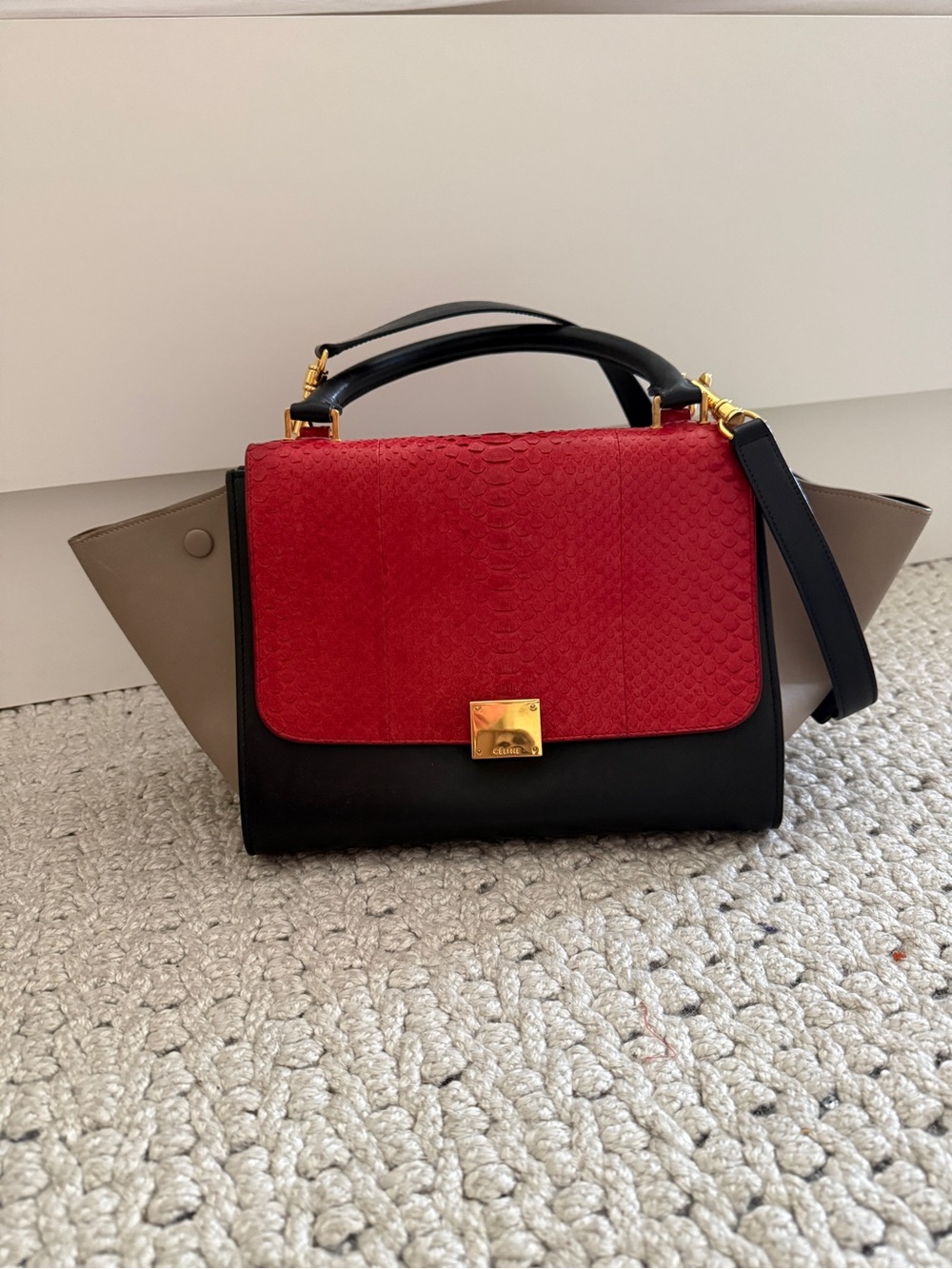 Structured Tricolor Top-Handle Satchel - Red, Black & Taupe